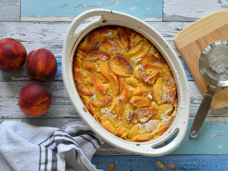 Clafoutis (pronounced kla-foo-TEE) is a simple French dessert. The rustic treat is traditionally made with cherries, but peaches or other stone fruit work too. Shutterstock photo