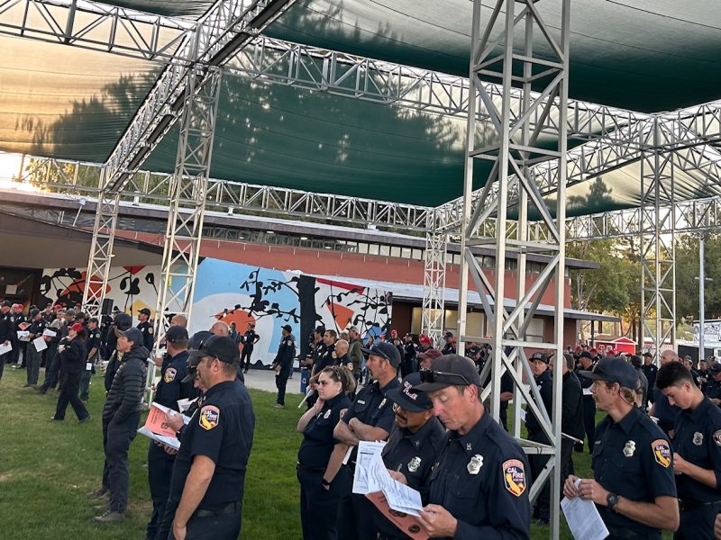 Firefighters listened to the early morning briefing on Wednesday at Napa Valley Expo before heading out to the Pickett Fire. Kerana Todorov photo