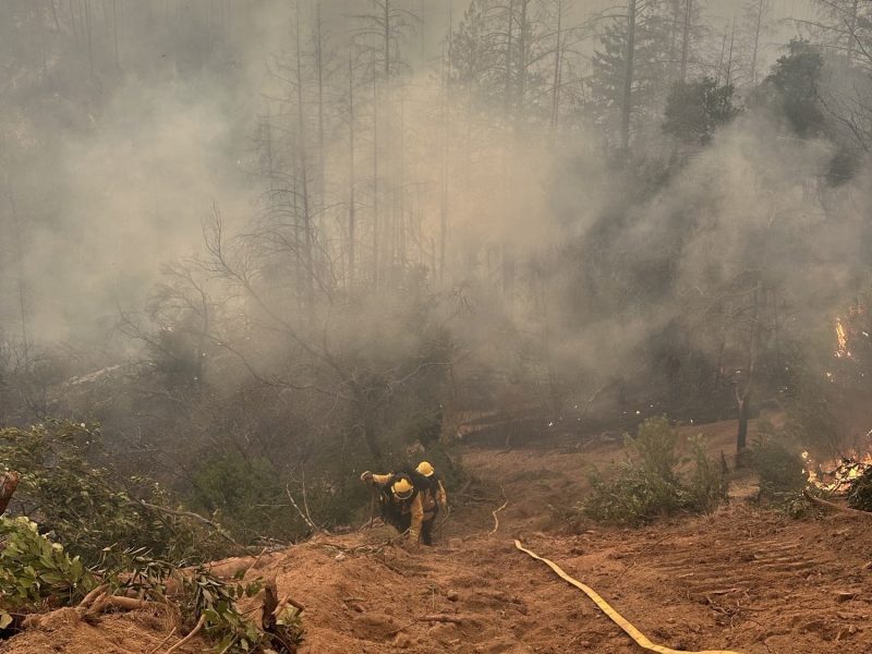 American Canyon Firefighter John Cummings and Firefighter/Paramedic Jack Billeci hike uphill to fight the Pickett Fire. American Canyon Fire Protection District photo.