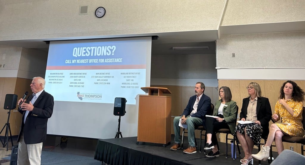 U.S. Rep. Mike Thompson, D-St. Helena, spoke in Yountville at an immigration forum. Shown seated are Terence Mulligan, president and CEO, Napa Valley Community Foundation; Jenny Ocon, executive director, UpValley Family Centers; Alissa Abdo, executive director, On The Move; Madeline Hernandez, directing attorney, North Bay Regional - Immigration Institute of the Bay Area; not pictured was Esmeralda Gil, interim executive director Puertas Abiertas. Kerana Todorov photo