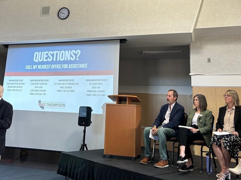 U.S. Rep. Mike Thompson, D-St. Helena, spoke in Yountville at an immigration forum. Shown seated are Terence Mulligan, president and CEO, Napa Valley Community Foundation; Jenny Ocon, executive director, UpValley Family Centers; Alissa Abdo, executive director, On The Move; Madeline Hernandez, directing attorney, North Bay Regional - Immigration Institute of the Bay Area; not pictured was Esmeralda Gil, interim executive director Puertas Abiertas. Kerana Todorov photo