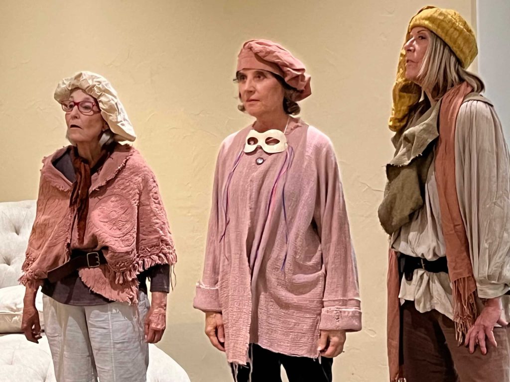 Patte Quinn, Linda Howard, and Robyn Myers rehearse for "Rosencrantz and Guildenstern are Dead." Submitted photo