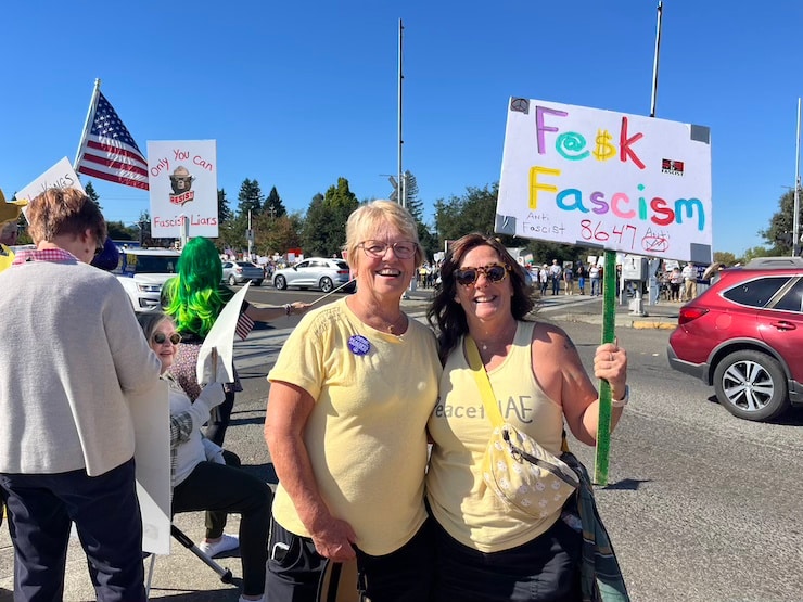 Karen Burzdak and Judy Marceau protest along Napa's Trancas St. Griffin Jones photo