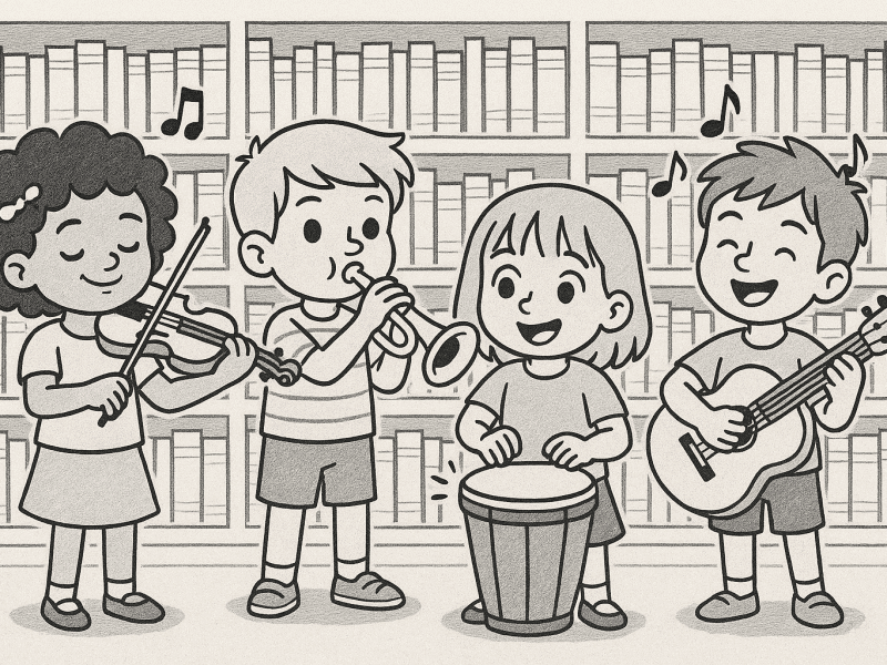 Kids and musical instruments in a library. Napa Valley News Group graphic