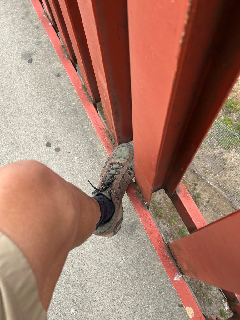 The author's left foot on the lower railing of the Golden Gate Bridge. John Schminky photo