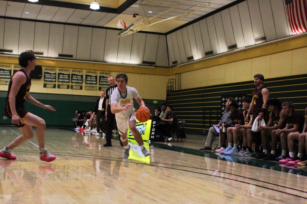 Kieran Mannion of the Napa Valley College Storm men's basketball drives to the basket on Dec. 9. Kyle Foster photo