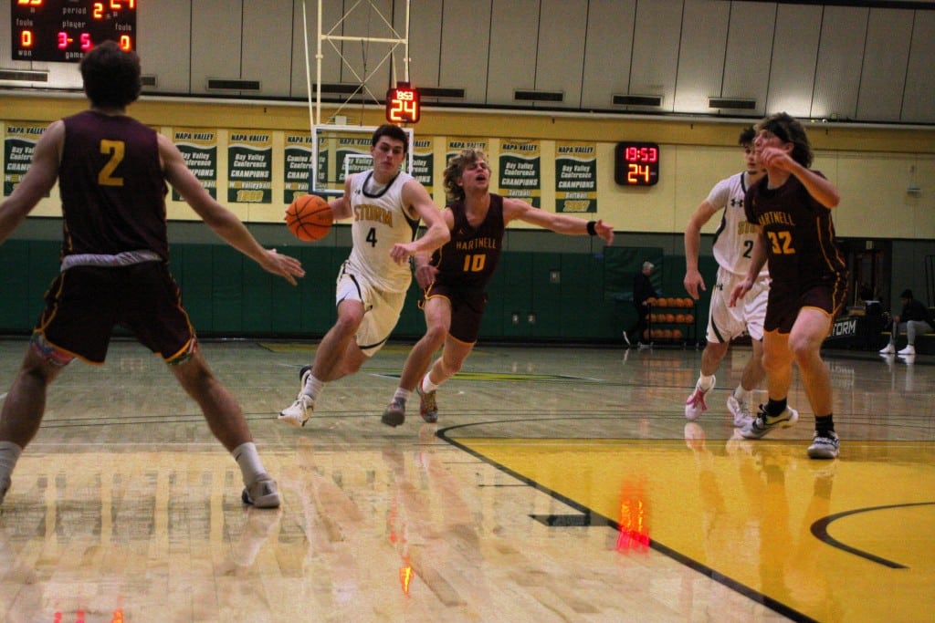 Freshman Jayden Russotti of the Napa Valley College Storm men's basketball team drives to the bucket on Dec. 9. Kyle Foster photo