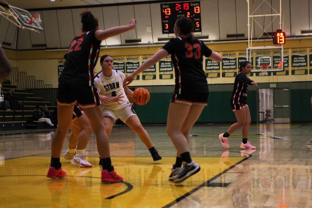 Napa Valley College women's basketball player Arianna Aguilar, tripled defended by Lassen-Susanville on Dec. 30. Kyle Foster photo
