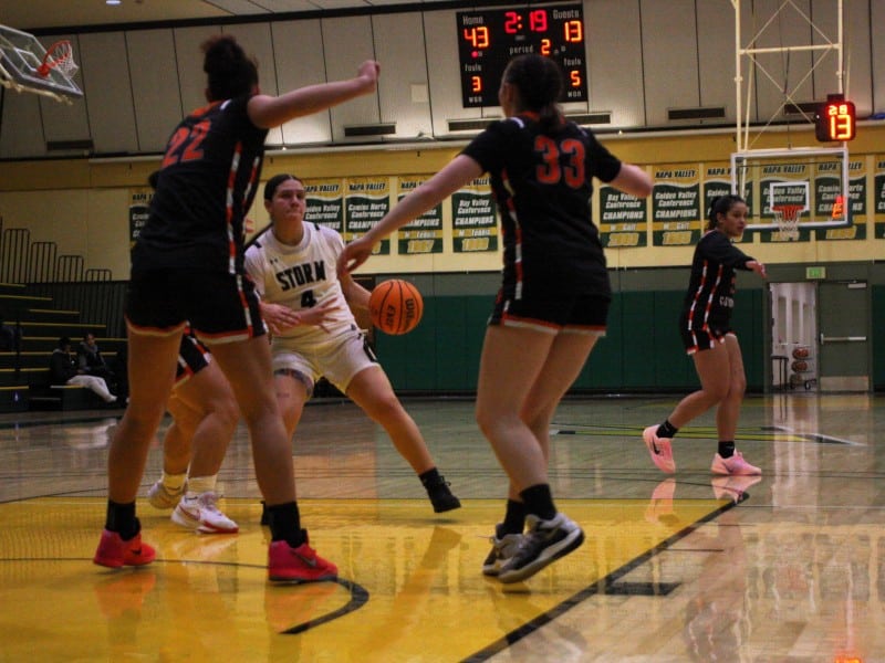 Napa Valley College women's basketball player Arianna Aguilar, tripled defended by Lassen-Susanville on Dec. 30. Kyle Foster photo