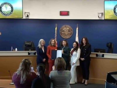 Napa County Supervisor Amber Manfree, third from left, on Tuesday was named chair of the board for 2026. Supervisor Anne Cottrell, second from left, received a proclamation to thank her for her services as chair for the year 2025. Also present were Supervisor Joelle Gallagher, first from left, and Belia Ramos, second from right and Liz Alessio, first from right. Alessio was named vice chair. Napa County video image capture