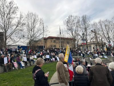 people protesters park fog