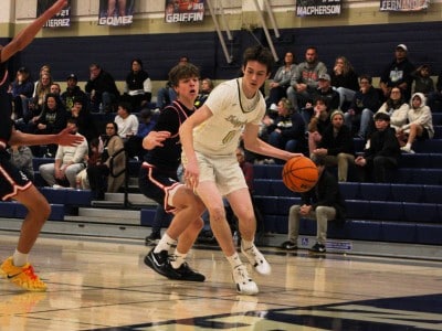 Napa High's Devin McShane dribbles versus Justin-Siena. Kyle Foster photo