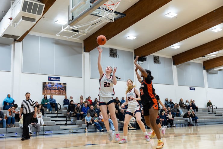 high schooler doing a layup on court