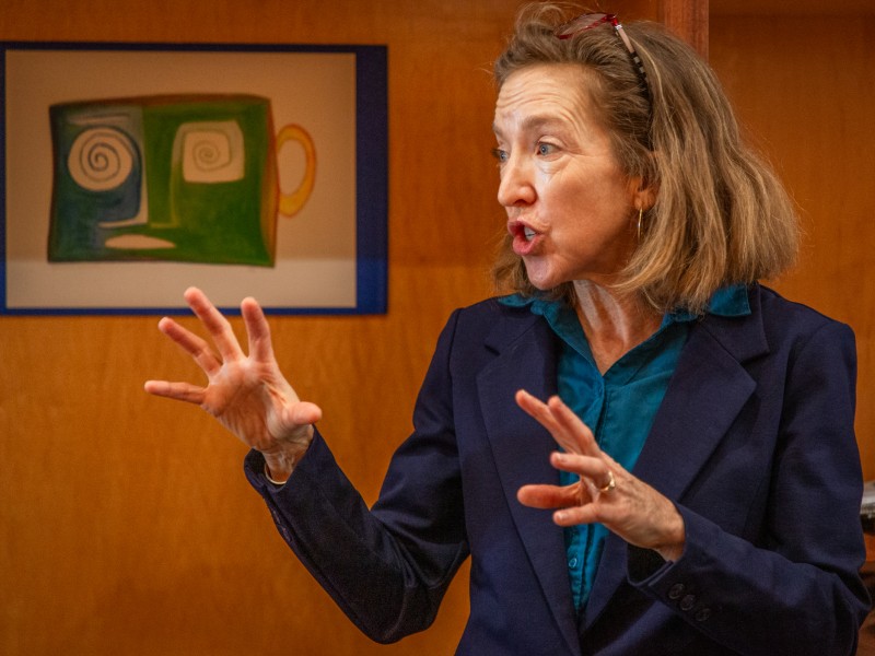 Napa County Supervisor Anne Cottrell discusses wildfires, insurance and other local topics with upvalley residents at the Calistoga Roastery in March 2025. Clark James Mishler photo