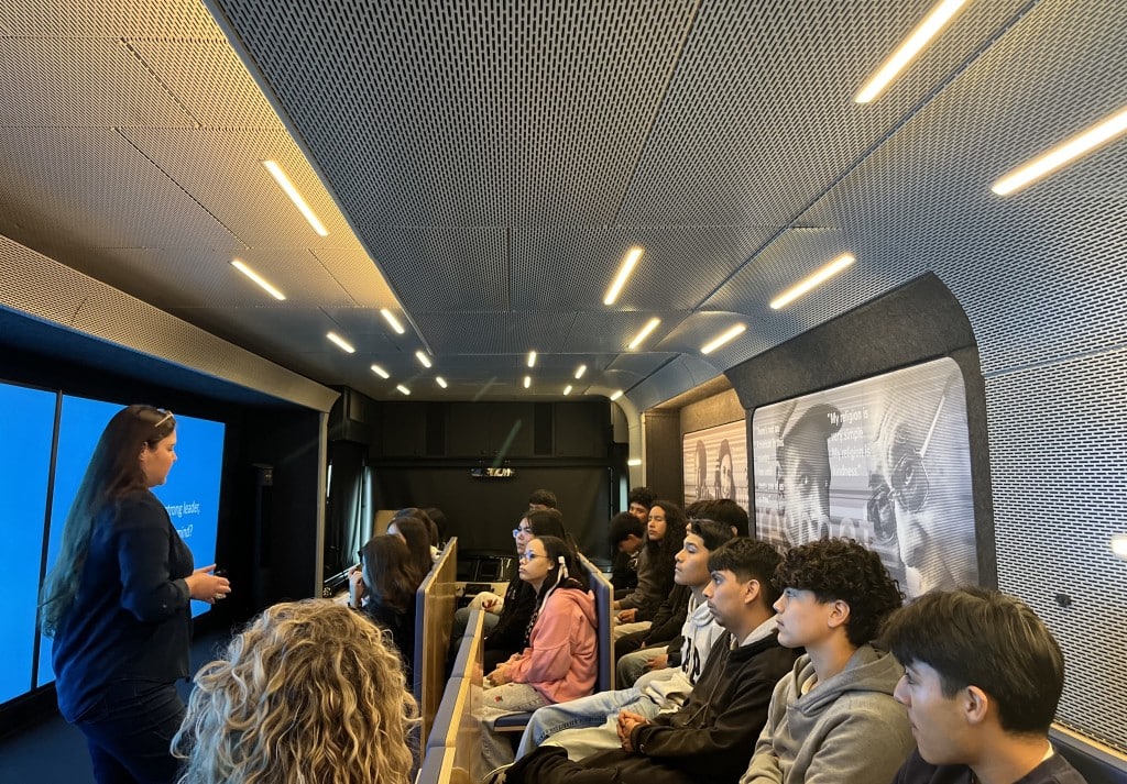 Kirstin De La Cruz's 9th and 10th grade English class visit the Museum of Tolerance Mobile Museum in Calistoga on Tuesday. Photo by Griffin Jones