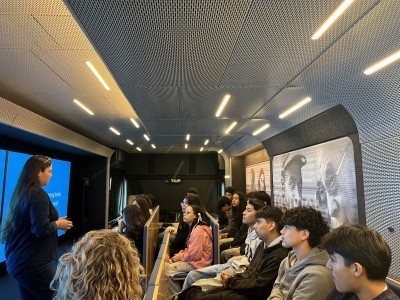 Kirstin De La Cruz's 9th and 10th grade English class visit the Museum of Tolerance Mobile Museum in Calistoga on Tuesday. Photo by Griffin Jones