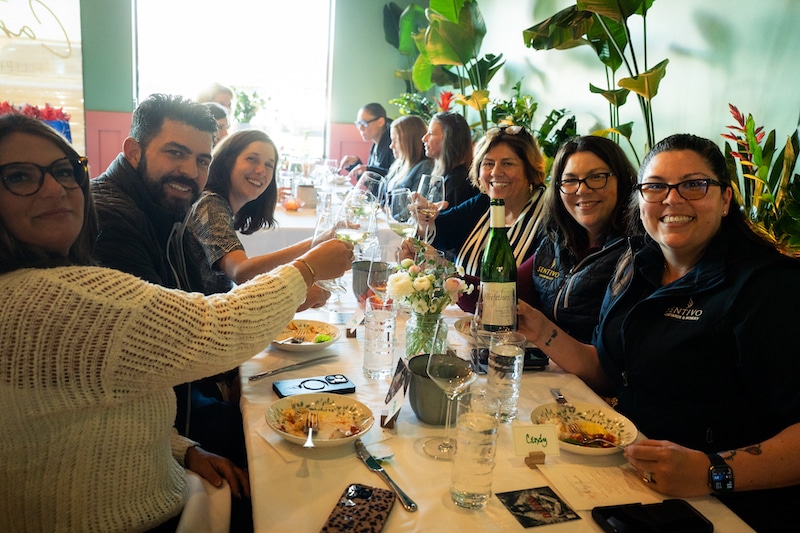 people cheersing at a dinner table