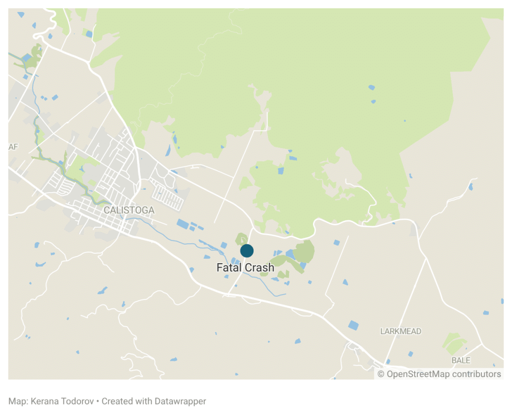 map showing site of fatal crash in Calistoga